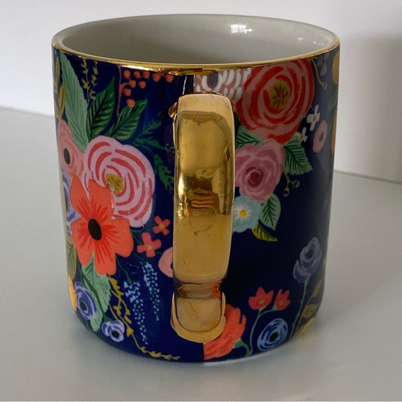 Rifle Paper Co. for Anthropologie Mug “D” Floral Gold Handle Trim Coffee Blue - Picture 3 of 16